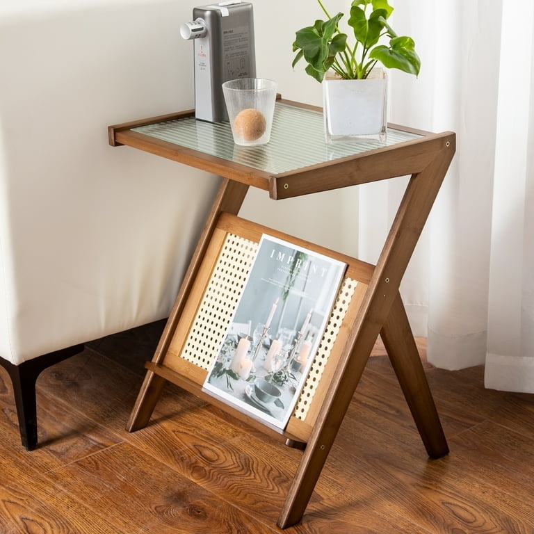 Side Table Woven Rattan Glass Top Brown Natural Cylindrical Coastal