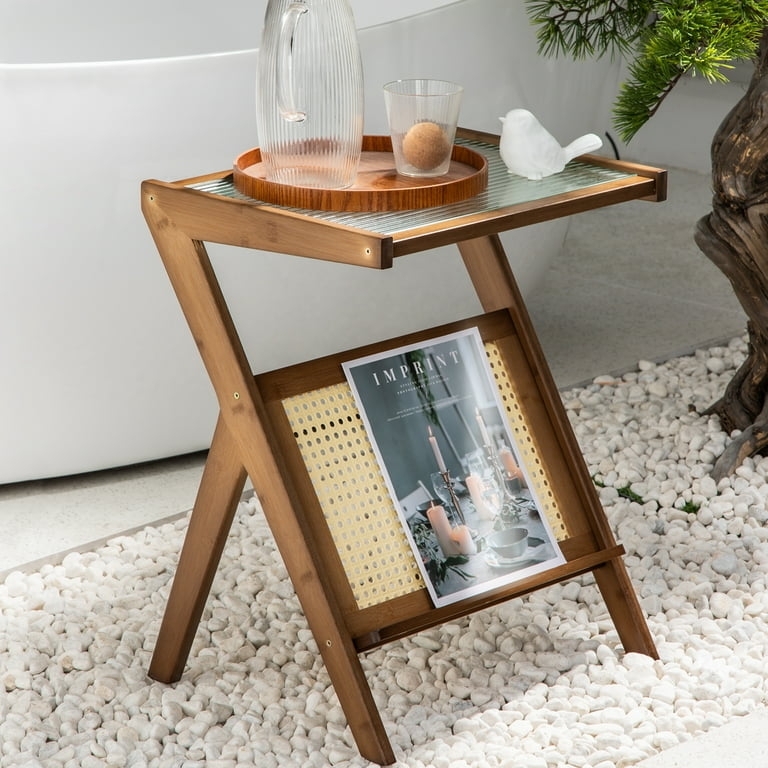 Side Table Z-Shaped Silhouette Fluted Glass Top Magazine Rack Boho