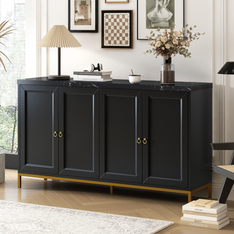 Sideboard Black Marble Top Gold Ring Pulls Veined