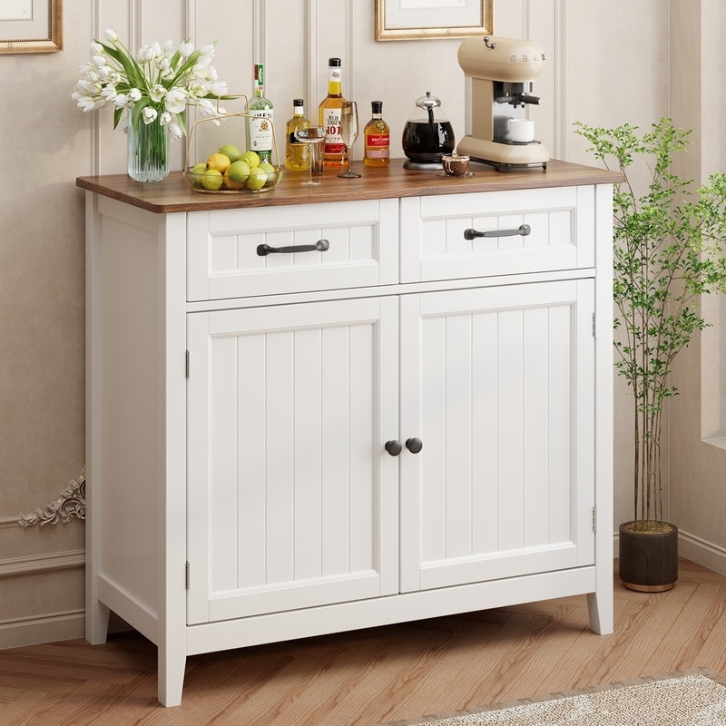 Sideboard Buffet White Beadboard Wood Top Coastal Farmhouse