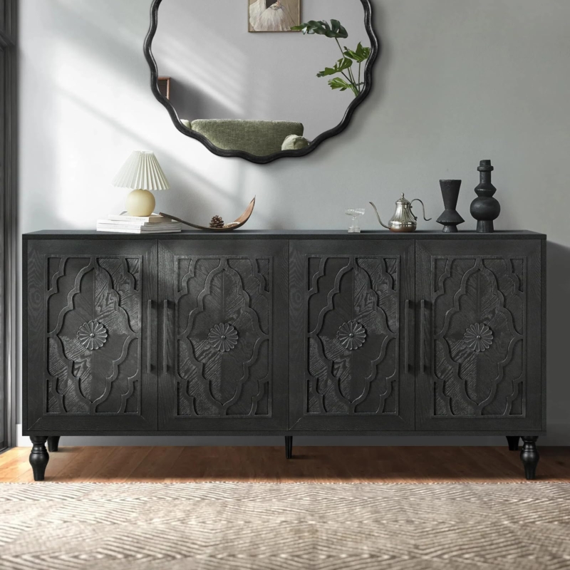 Sideboard Carved Floral Doors Antique Black Finish