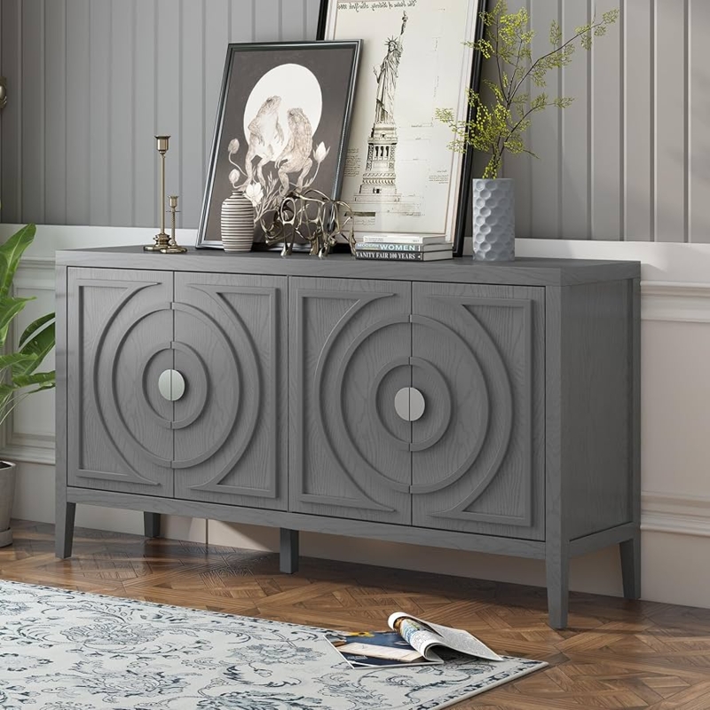 Sideboard Charcoal Chevron Texture Gold Base Modern Gray Storage