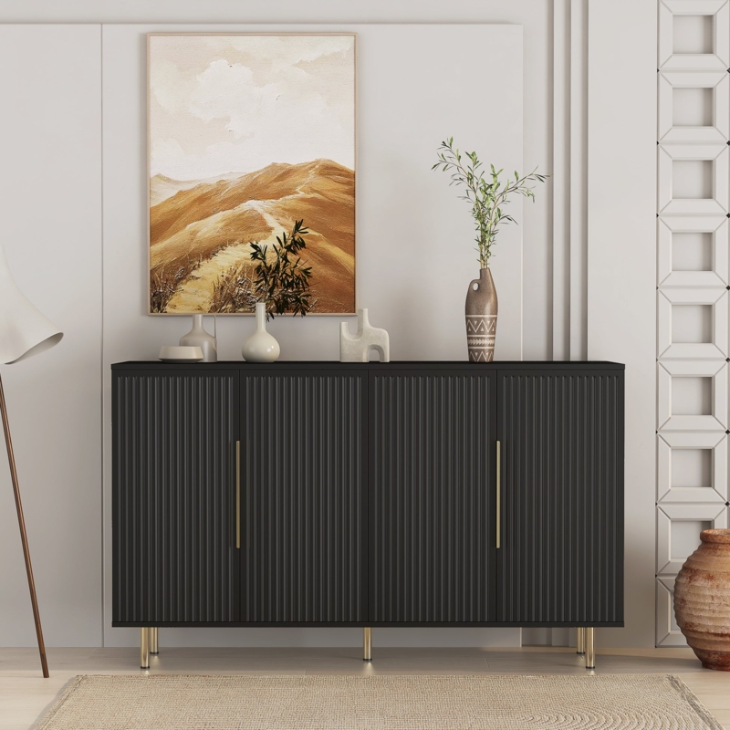 Sideboard featuring Fluted Doors and Gold Tapered Legs in Matte Black