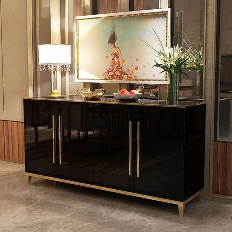 Sideboard featuring High-Gloss Black Finish and Tempered Glass Top