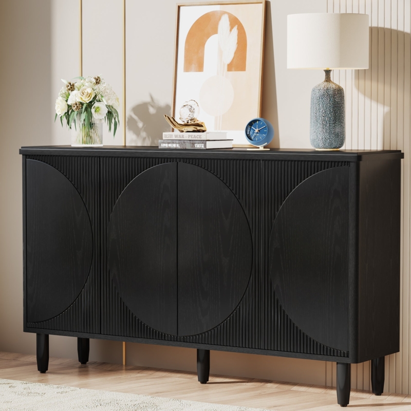 Sideboard Geometric Door Credenza with Matte Black Fluting