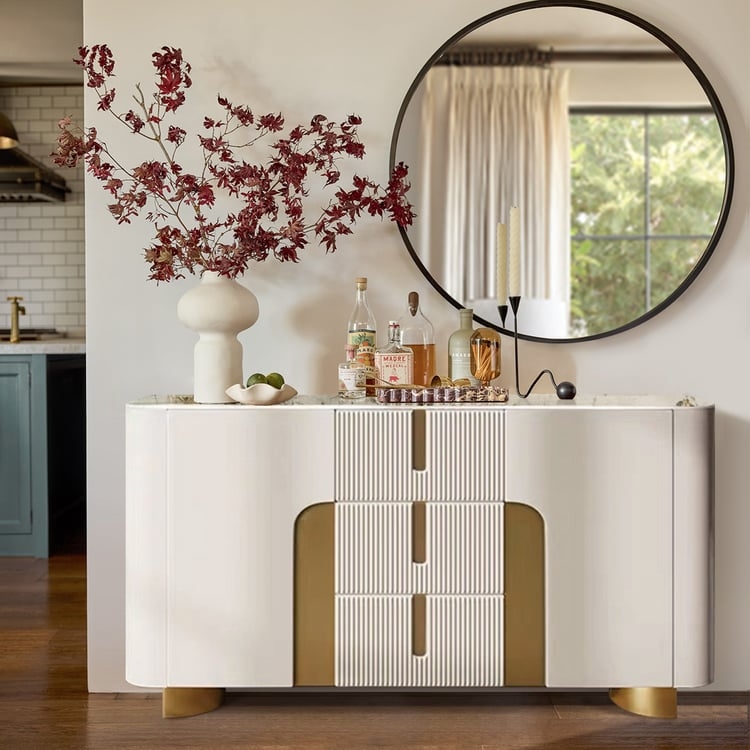 Sideboard Modern White Fluted Paneling Sintered Stone Top Gold Legs