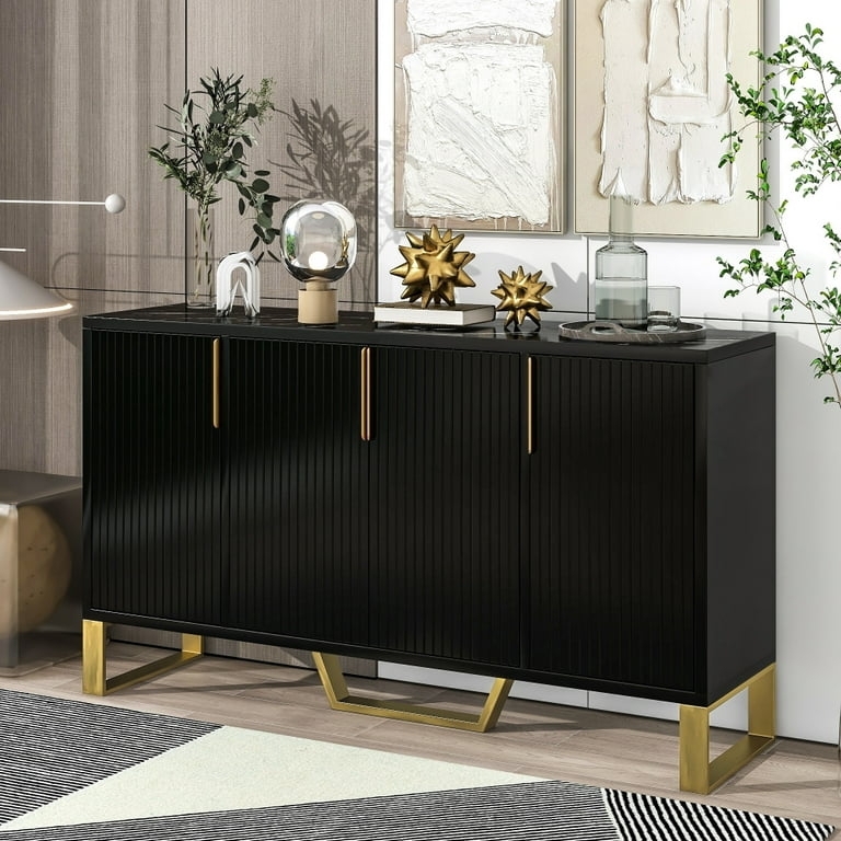 Sideboard Ribbed Panels Contemporary Fluted Cabinet With Gold Legs