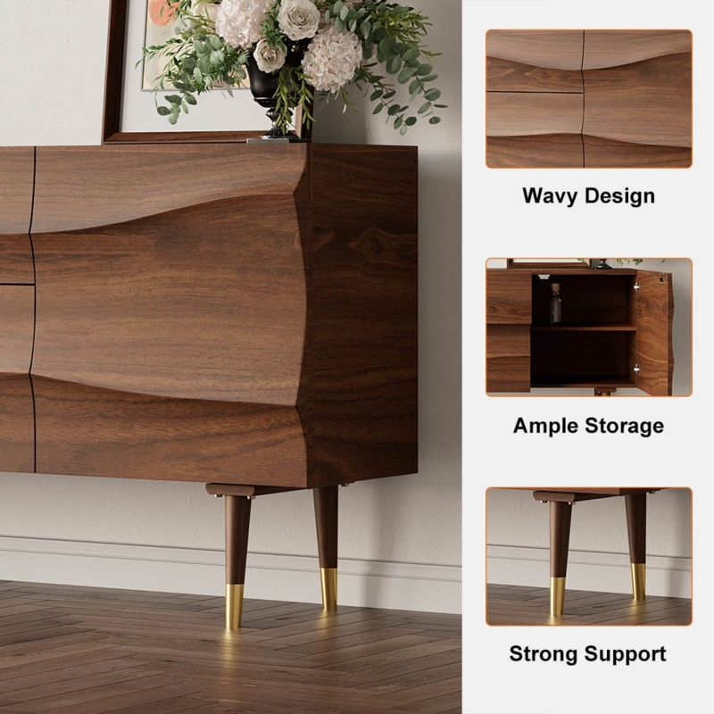 Sideboard Wavy Slatted Front Metal Legs Mid-Century Modern Credenza
