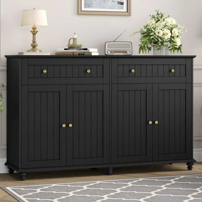 Sideboard with Beadboard Panels, Gold Hardware, and Turned Bun Feet