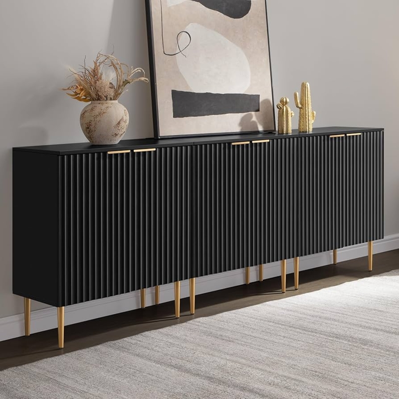 Sideboard with Extra Long Profile, Vertical Ribbing, and Gold Tapered Legs