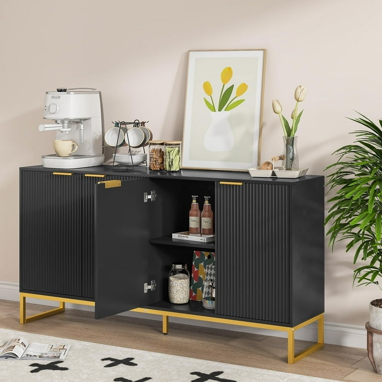 Sideboard with Fluted Doors, Gold Metal Base, and Adjustable Shelves