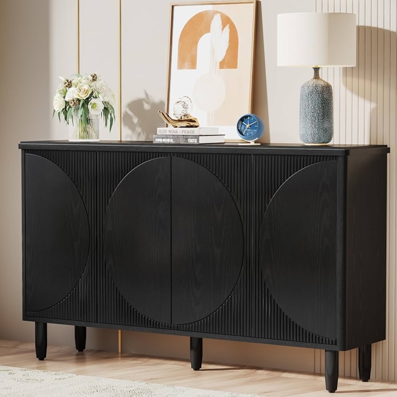 Sideboard with Geometric Circular Relief Carving and Ribbed Texture