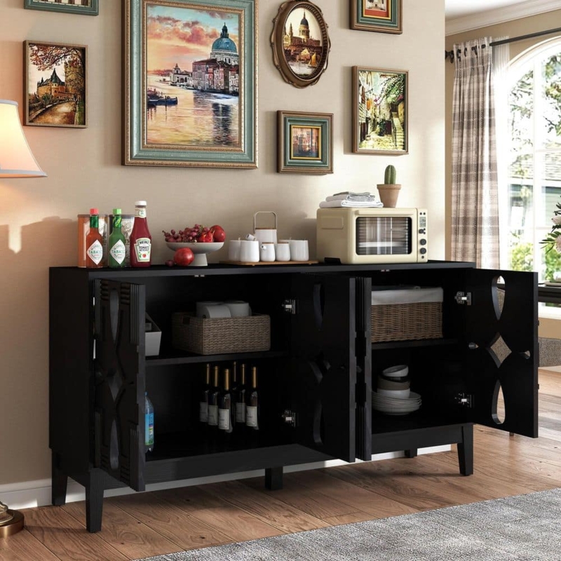 Sideboard with Geometric Door Cutouts in Matte Black Finish