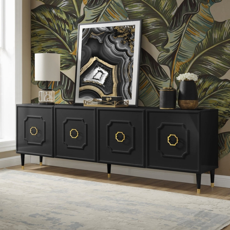 Sideboard with Geometric Molding, Gold Accents, and Four Doors