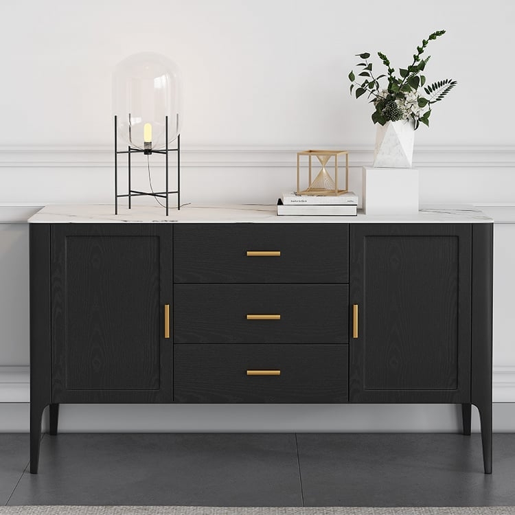 Sideboard with Stone Top and Slim Gold Handles in Black Wood Grain