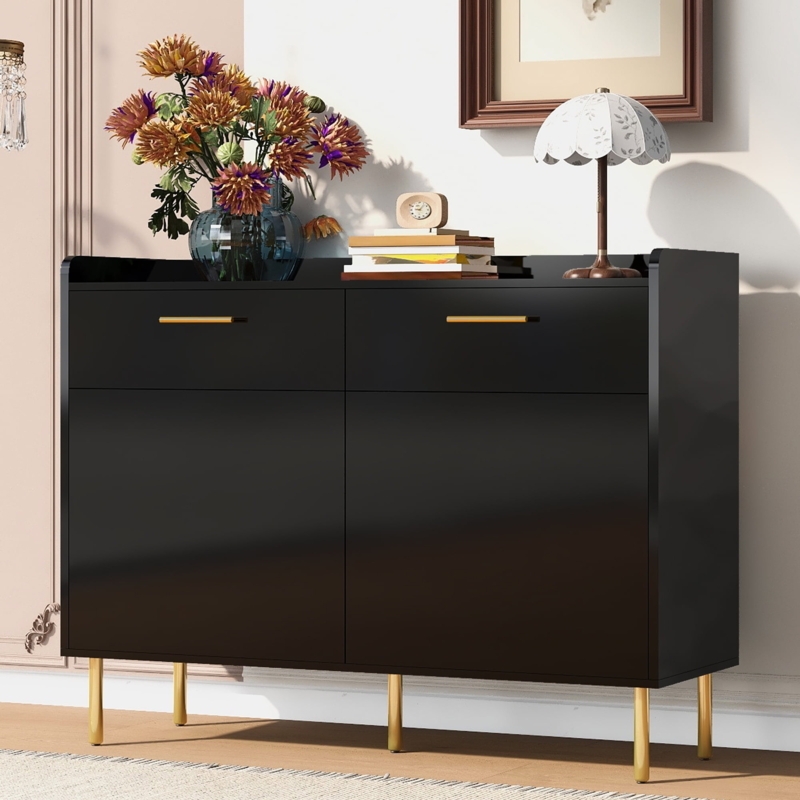Sideboard with Tapered Gold Legs, Two Drawers, and Two Doors
