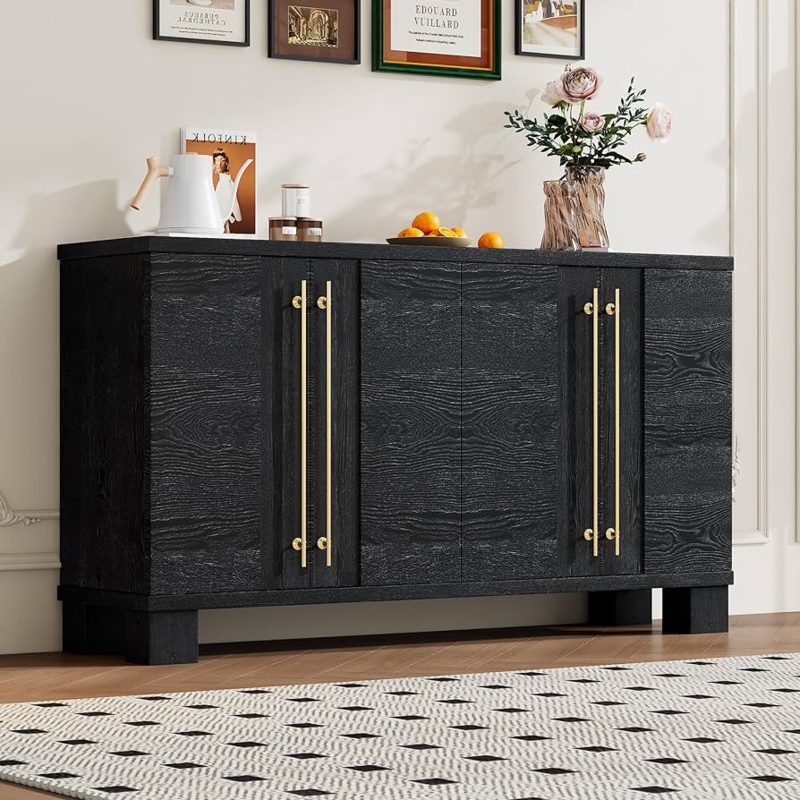 Sideboard with Vertical Gold Handles and Black Wood Grain Finish