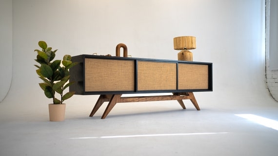 Sideboard Woven Fiber Doors Matte Black Frame Woven Door Sideboard