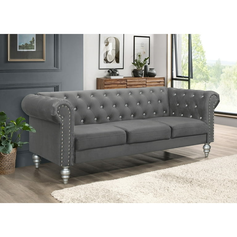 Silver Leg Velvet Sofa in Charcoal with Diamond Button Tufting