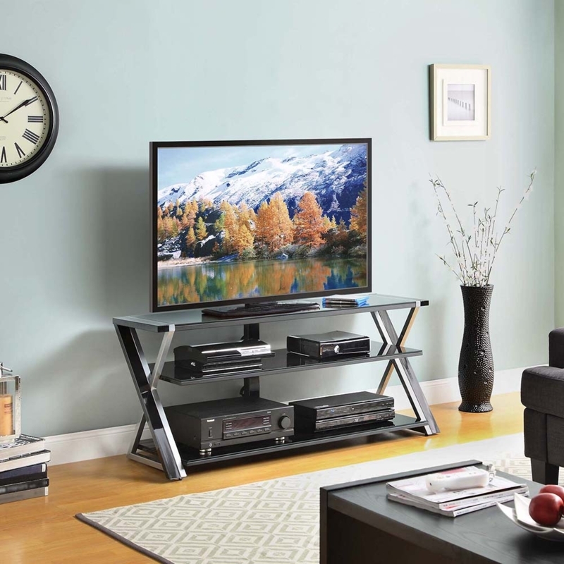 Silver Z-Frame TV Stand with Black Glass Tiers