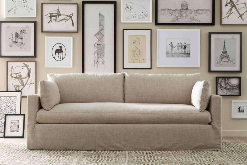 Single Bench Seat Sofa in Beige Linen-Like Fabric with Side Bolsters