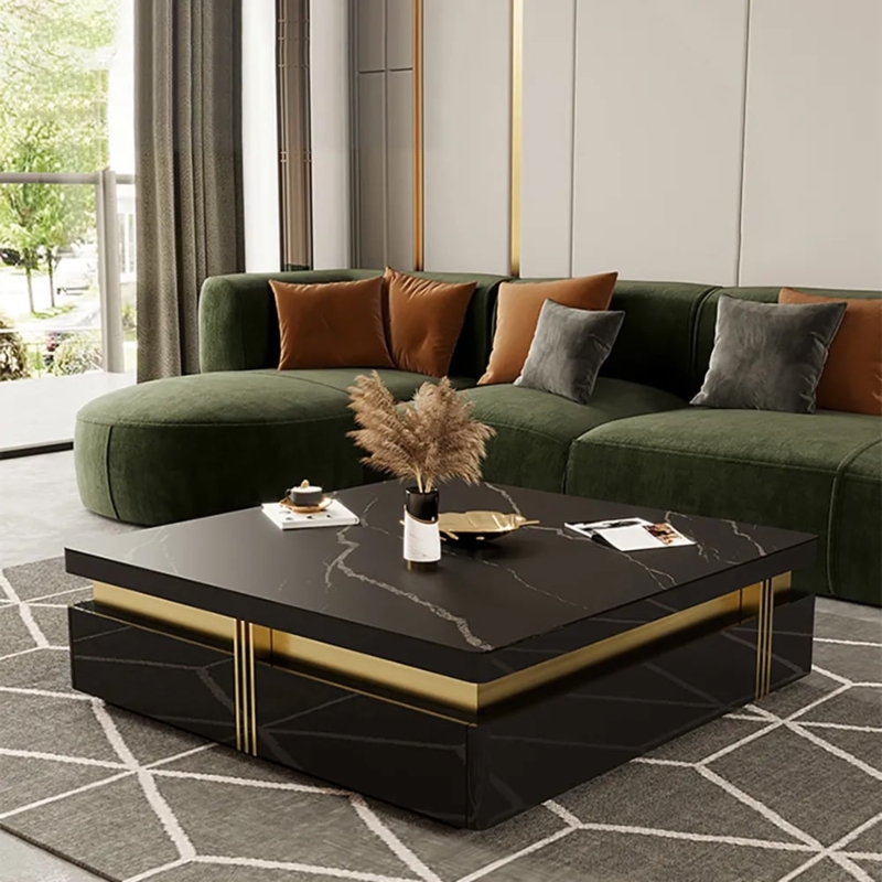 Sintered Stone Top Table with Recessed Gold Banding and Marbled Veining