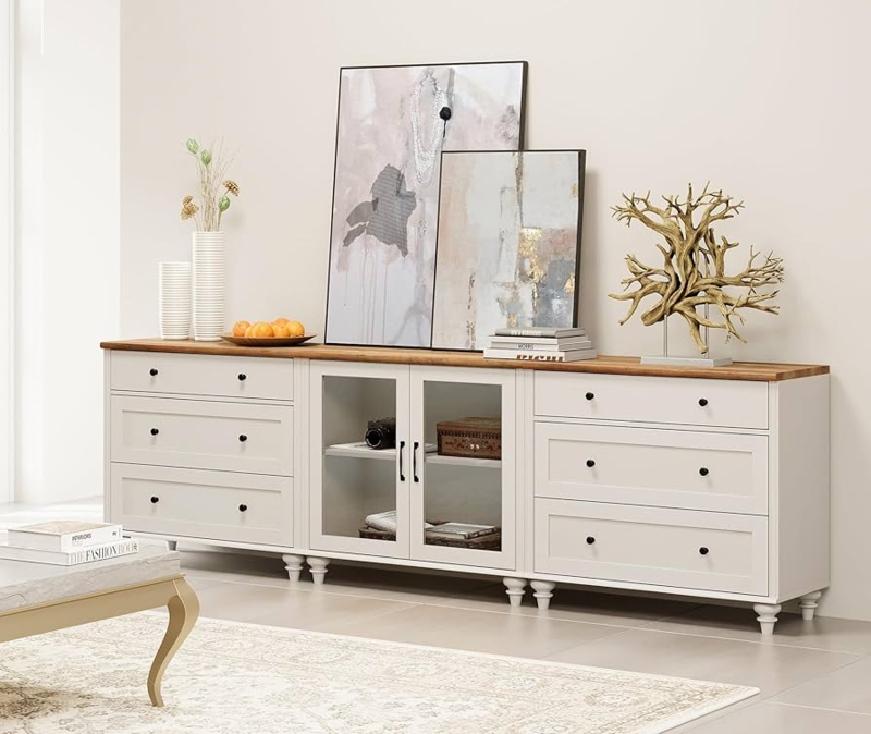 Six-Drawer White Sideboard with Wood Top and Central Glass Cabinet