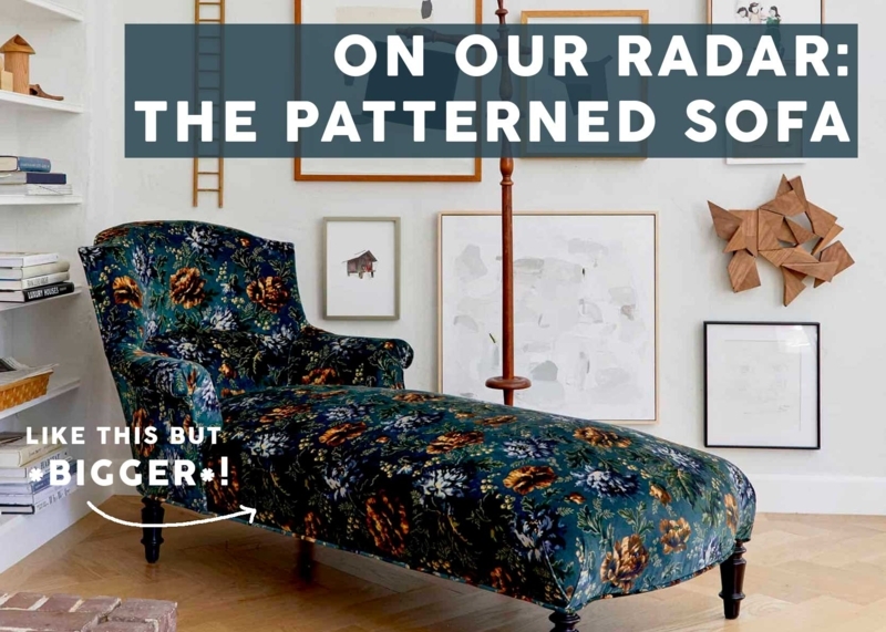 Skirted Sofa with Floral Pattern and Blue Velvet Chairs
