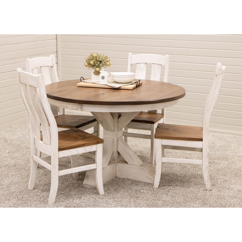 Slat Back Dining Set with Two Toned Finish, White and Oak Pedestal Table