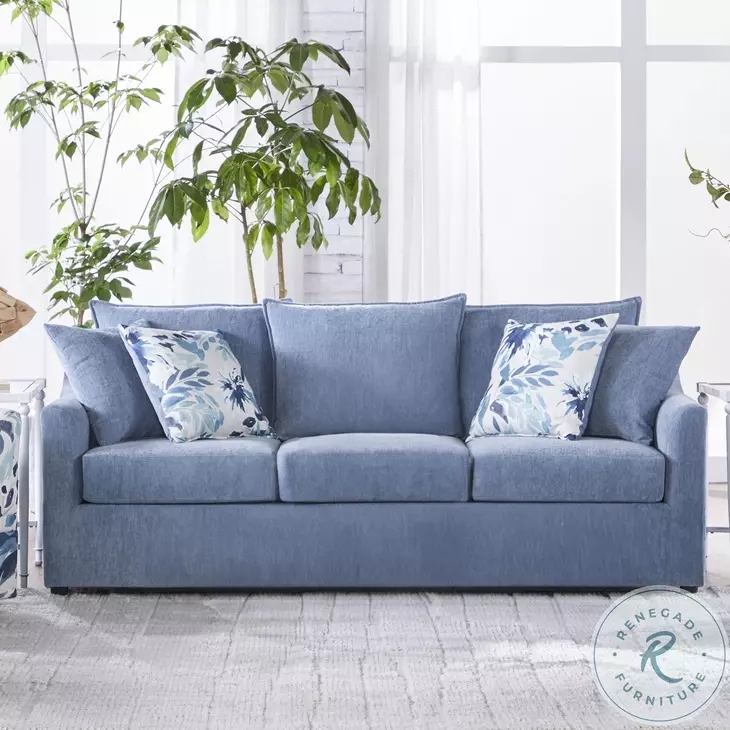 Slate Blue Sofa with Woven Texture and Flared Arms