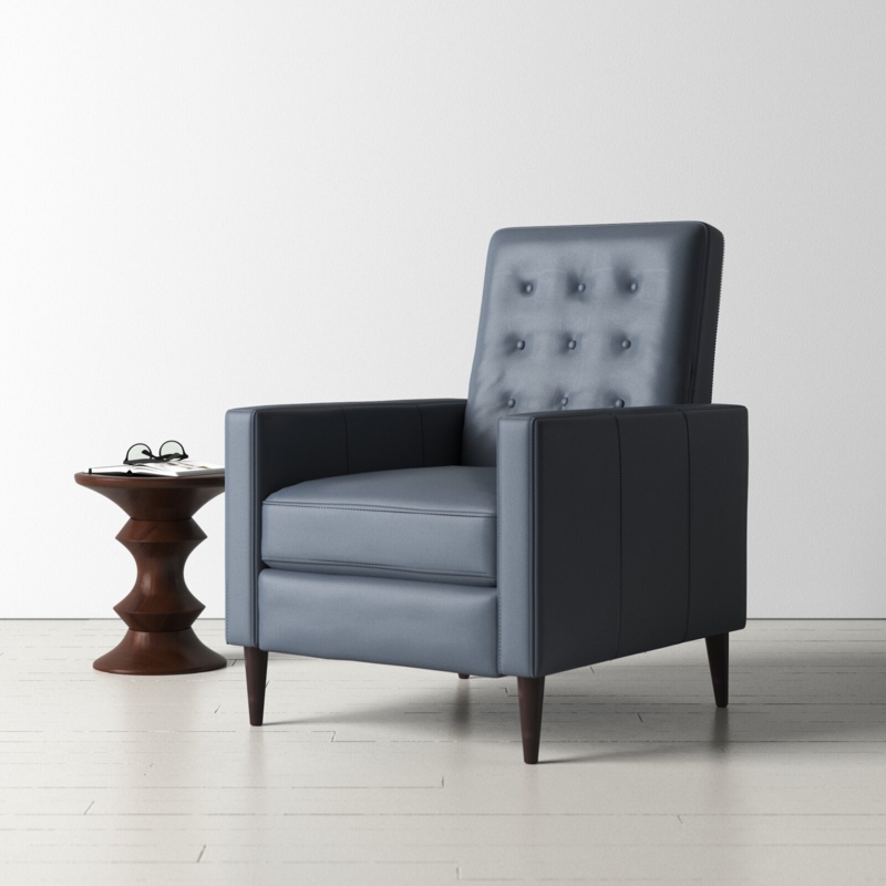 Slate Blue Tufted Recliner, Tapered Legs, Mid-Century Modern Style