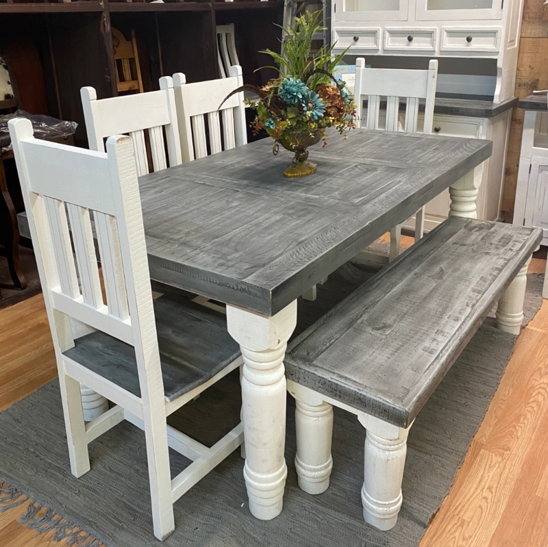 Slate Farmhouse Dining Set Chunky Turned Legs Rustic Bench Two Tone