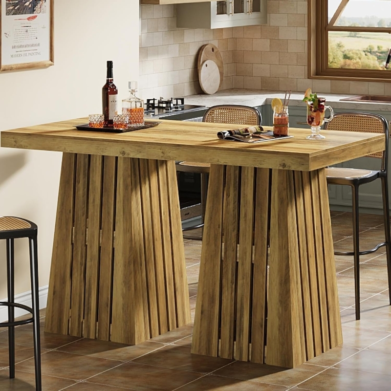 Slatted Base Bar Table Thick Wood Top Modern Farmhouse Style Pedestals