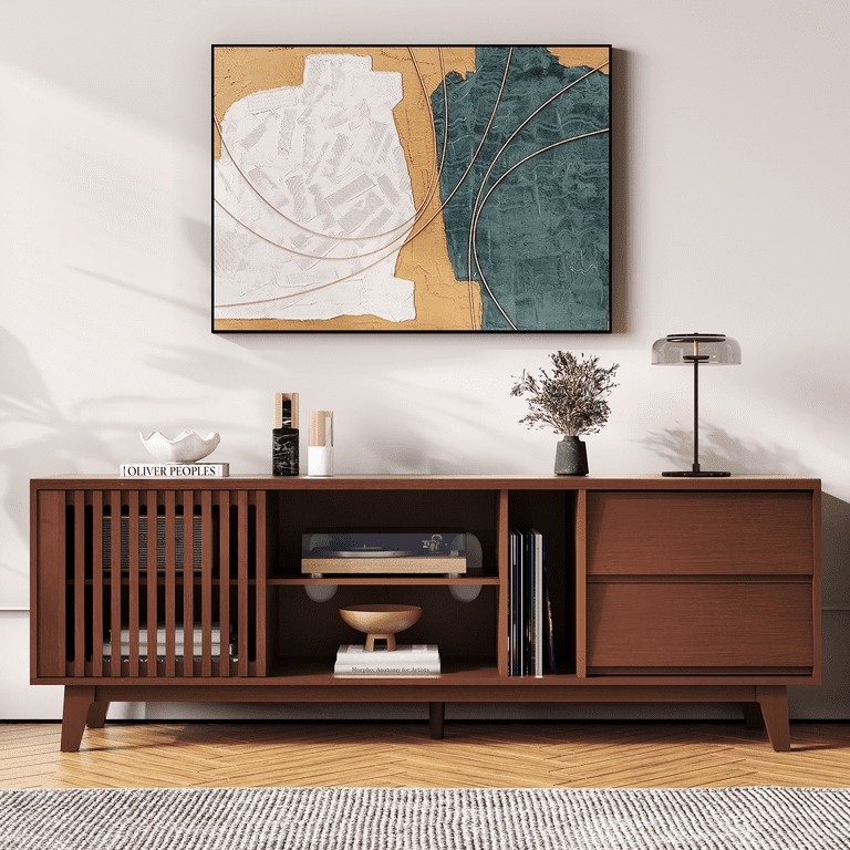 Slatted Door Media Console with Drawers & Open Shelving