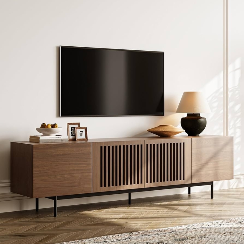 Slatted Door TV Stand with Tall Metal Legs, Mid-Century Modern Style