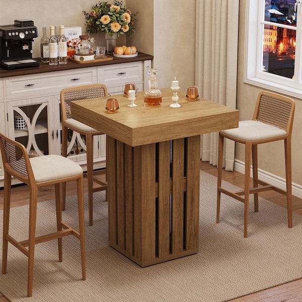 Slatted Pedestal Pub Table Set Cane Back Stools Light Brown Wood Finish