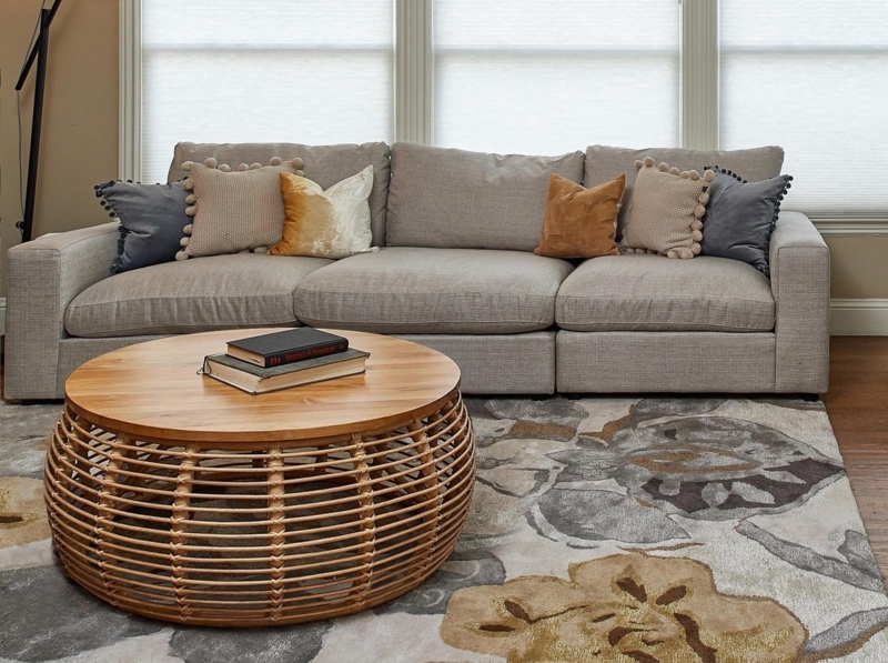 Slatted Rattan Base Coffee Table, Round Wood Top, Mid-Century Modern