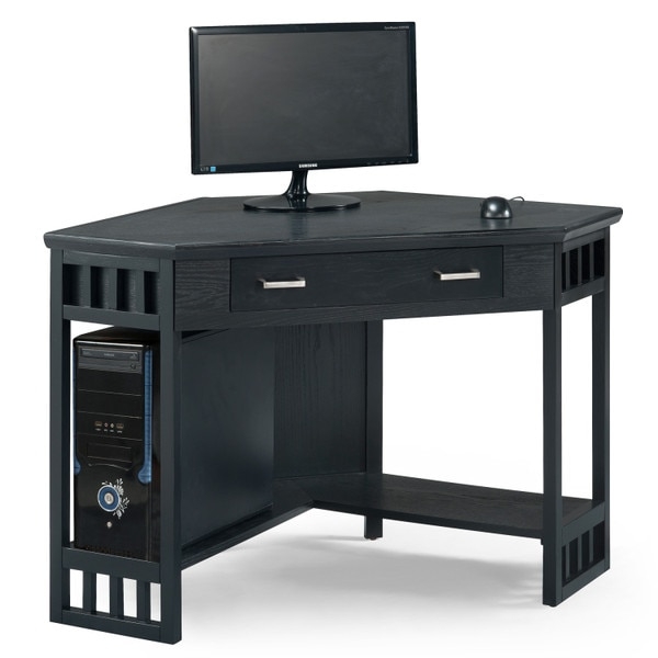 Slatted Side Corner Desk in Black with Central Storage Drawer