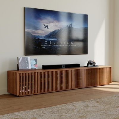 Slatted Wood TV Stand Low Profile Vertical Slats Extra Wide