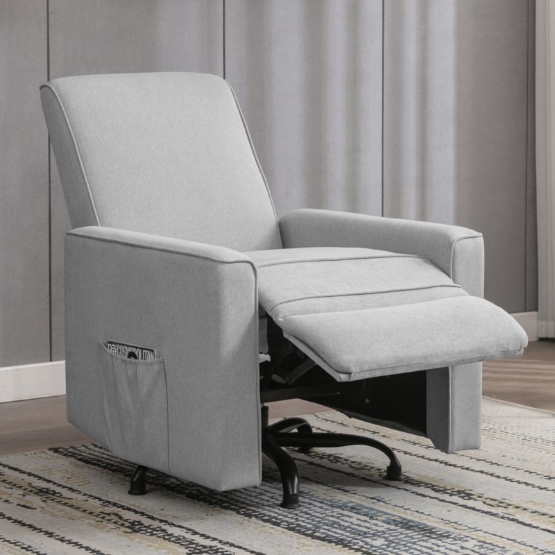 Sleek Light Gray Swivel Recliner with Extended Footrest and Pocket
