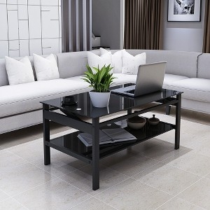 Sleek Rectangular Coffee Table with Black Glass Top and Storage Shelf