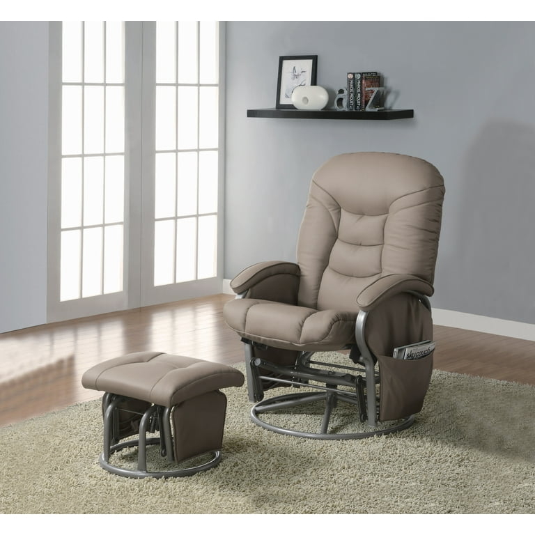 Sleek Taupe Glider Recliner and Ottoman on Polished Silver Base