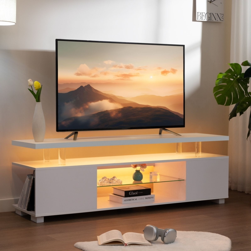 Sleek White LED TV Stand with Floating Glass Shelf Design