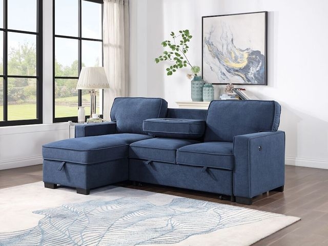 Sleeper Sectional Sofa Navy Blue Drop Down Console and Cup Holders