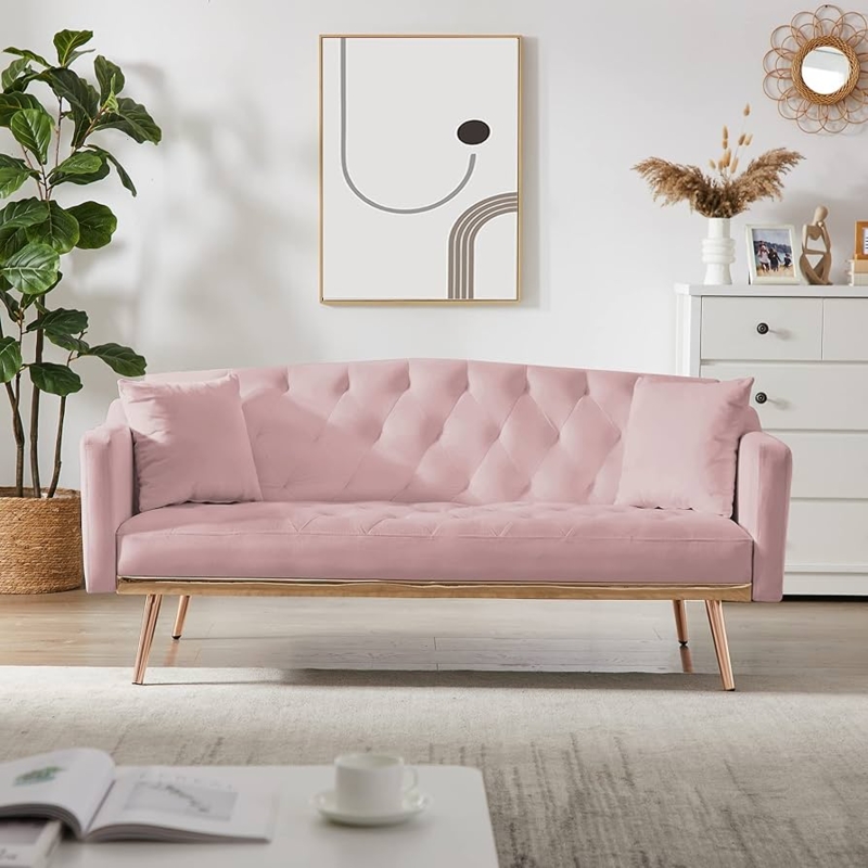 Sleeper Sofa Diamond Tufted Blush Pink Velvet Gold Leg Couch