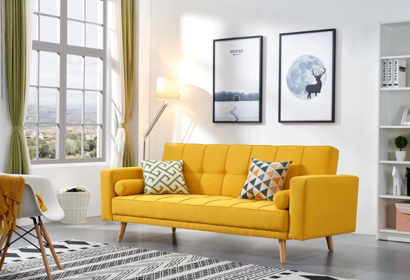 Sleeper Sofa in Vibrant Yellow with Grid Tufting and Bolster Pillows