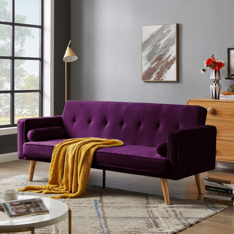 Sleeper Sofa Purple Velvet Button Tufted Split Back Tapered Legs