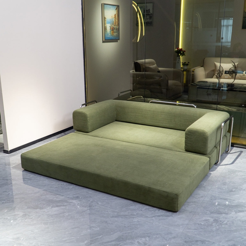 Sleeper Sofa Ribbed Corduroy Moss Green with Chrome Rail Accents