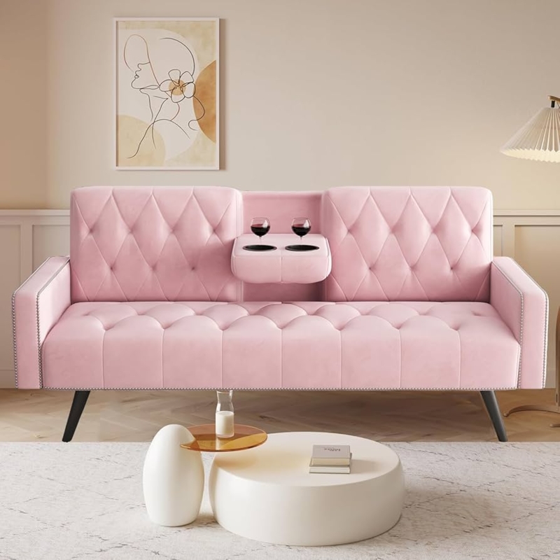 Sleeper Sofa with Fold-Down Cup Holder Console and Nailhead Trim