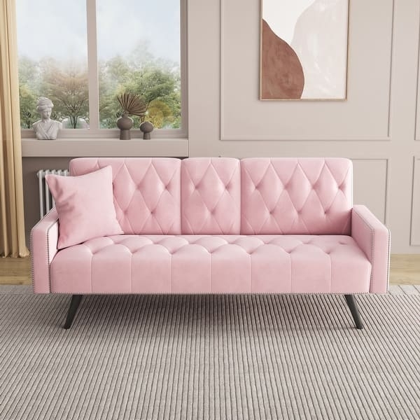 Sleeper Sofa with Nailhead Trim and Diamond Tufting in Blush Pink Velvet